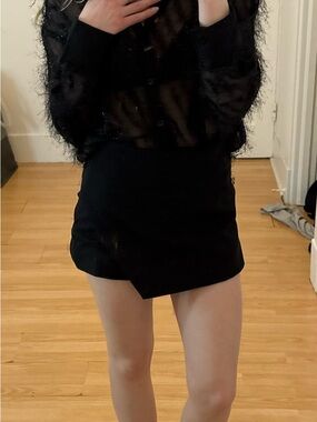 Zara Black Sheer Fringe Sleeve Top with Black Asymmetrical Mini Skort